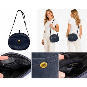 Hexagona Paris Women Navy Oval Leather Handbag Quiet Luxury Old Money Gold